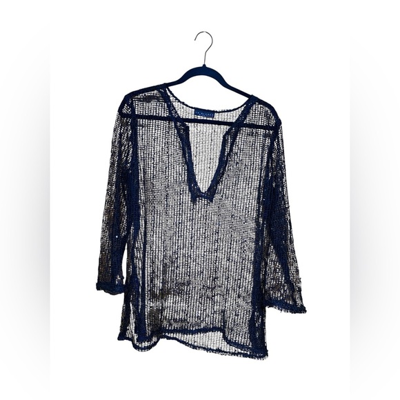 La Blanca by Rod Beattie Sheer Mesh Crochet Swim Cover Up w/ Sequins, Size Large - Picture 1 of 9